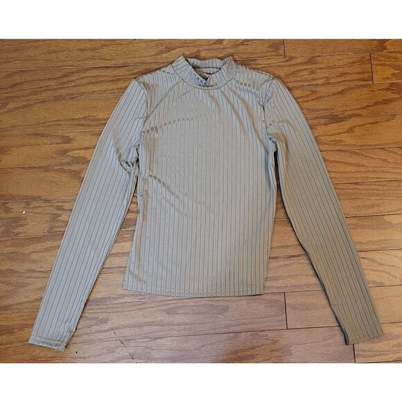 Womens Beige/Tan Ribbed Mock Neck Long Sleeve Size Small Stretchy - Picture 13 of 14